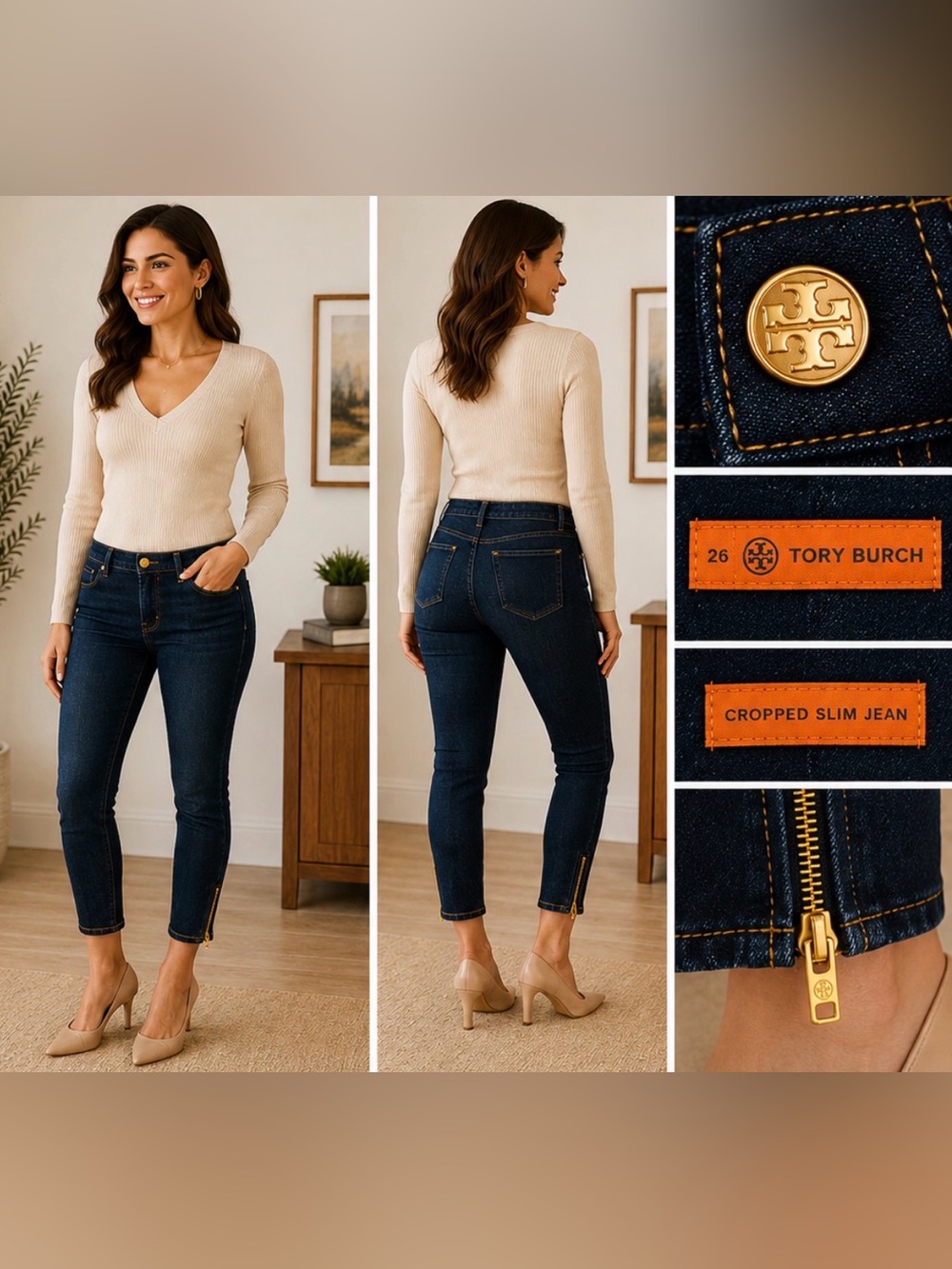 403 Tory Burch Cropped Slim Skinny Jeans Dark Wash Gold Zip Ankle 26 Designer